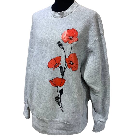 Hand Printed Upcycled XL Red Poppy Flower PolyCotton Long Sleeve Sweatshirt - Picture 1 of 3
